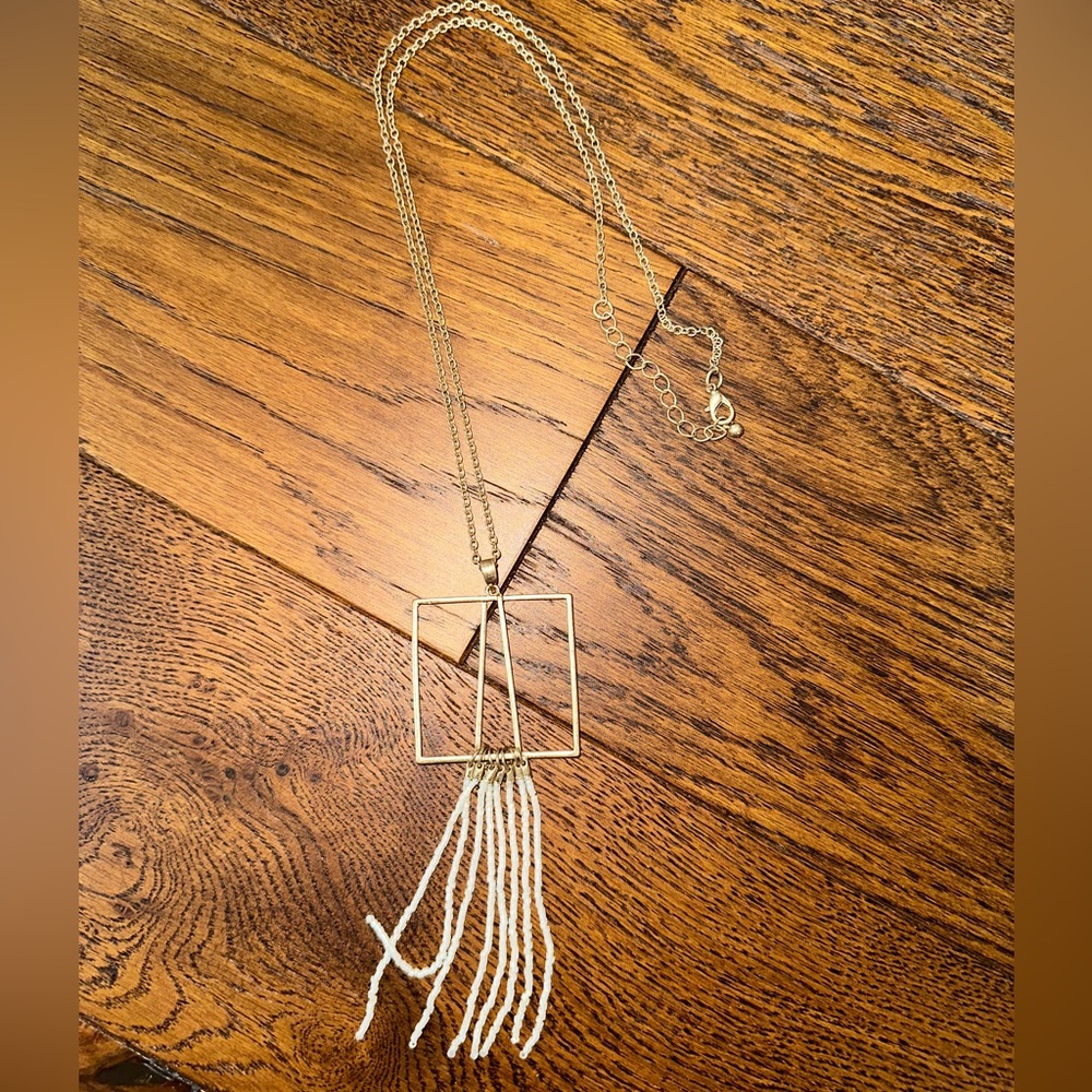 Long Geometric Beaded Tassel Statement Necklace
